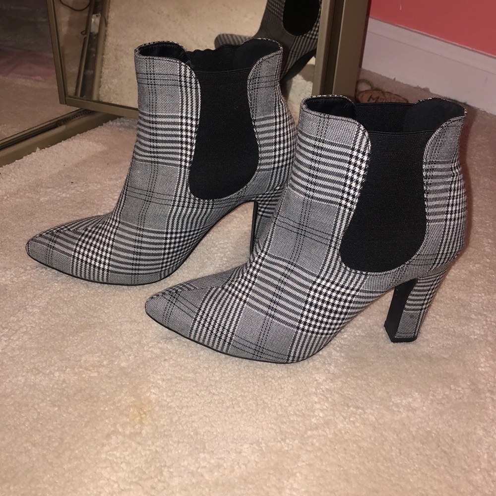 black, white, and grey plaid booties